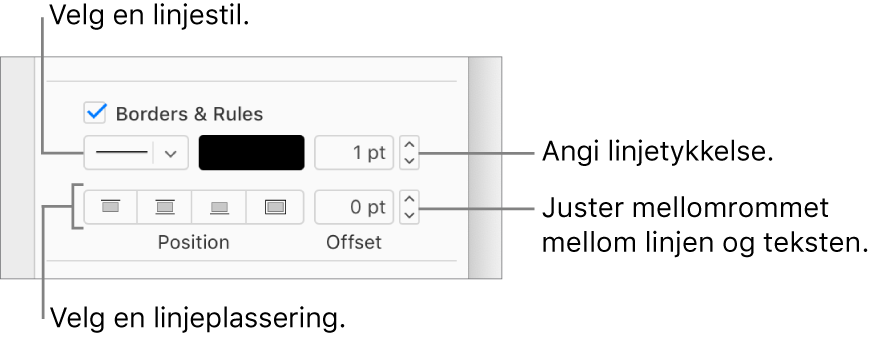 Det er krysset av i Kantlinjer/streker-ruten i Format-sidepanelet. Kontroller for å endre stil, bredde, plassering og farge for linjen vises under avkrysningsruten.