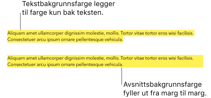 Ett avsnitt med gul farge bare bak teksten og et annet avsnitt med en gul fargeblokk bak avsnittet som går fra marg til marg.