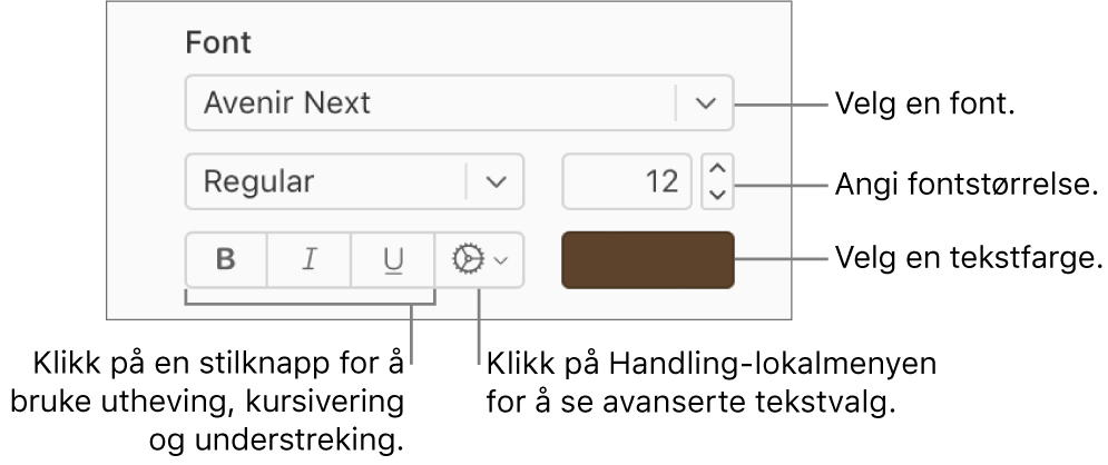 Kontrollene for font og tekststil i Format-sidepanelet.