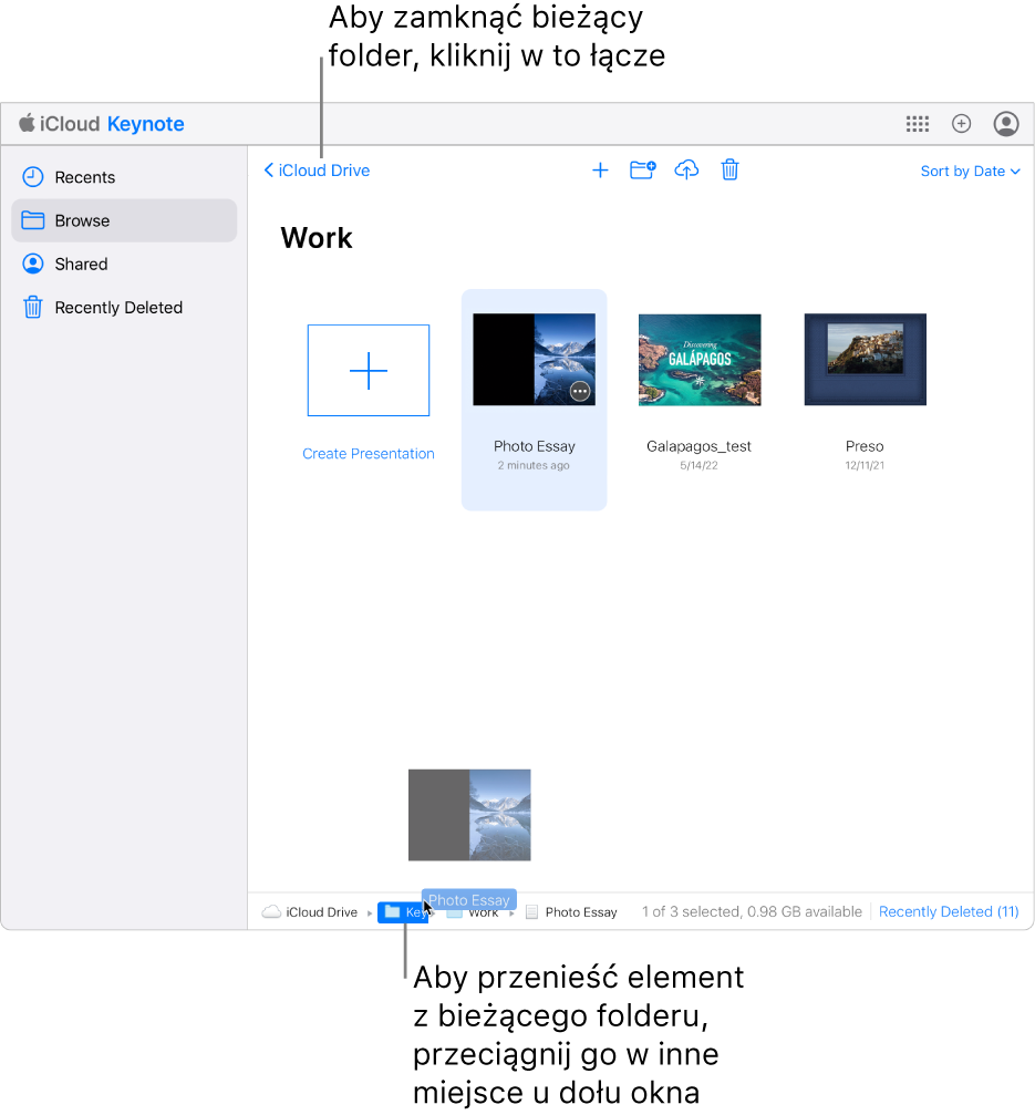 Otwarty jest folder Work; prezentacja w folderze jest przeciągana do folderu Keynote na dole okna.