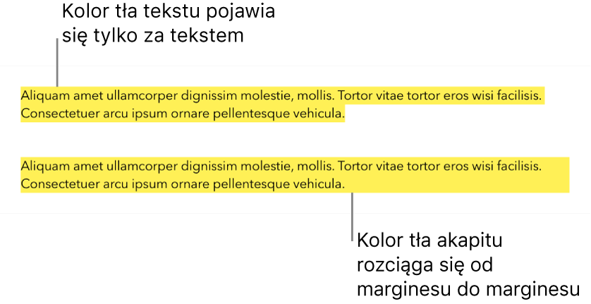 Jeden akapit z żółtym kolorem tylko za tekstem i drugi akapit z żółtym blokiem koloru za akapitem, rozciągającym się od marginesu do marginesu.