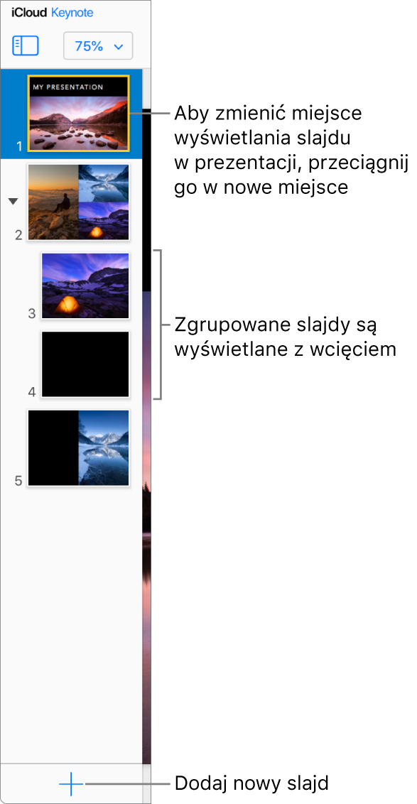Na lewym pasku bocznym otwarty jest nawigator slajdów aplikacji Keynote dla iCloud, wyświetlając pięć slajdów w prezentacji. U dołu paska bocznego znajduje się przycisk umożliwiający dodanie nowego slajdu.