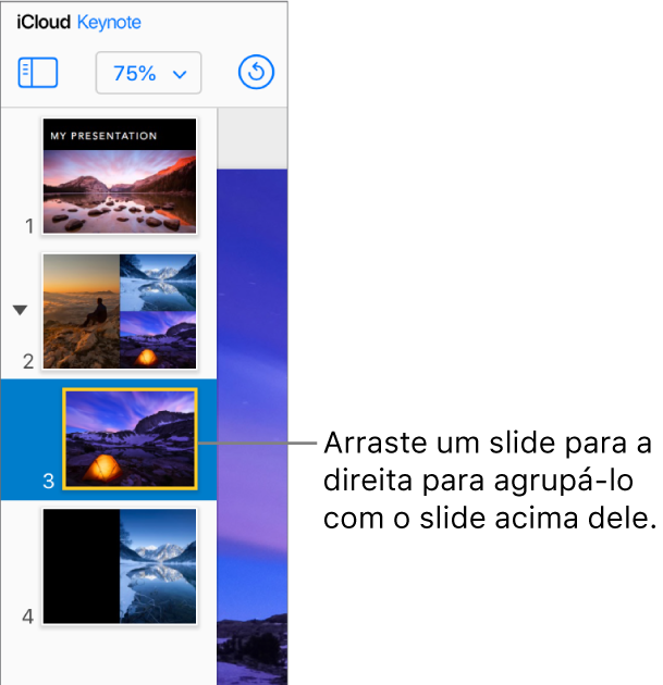 Navegador de slides do Keynote para iCloud com um slide movendo para a direita.