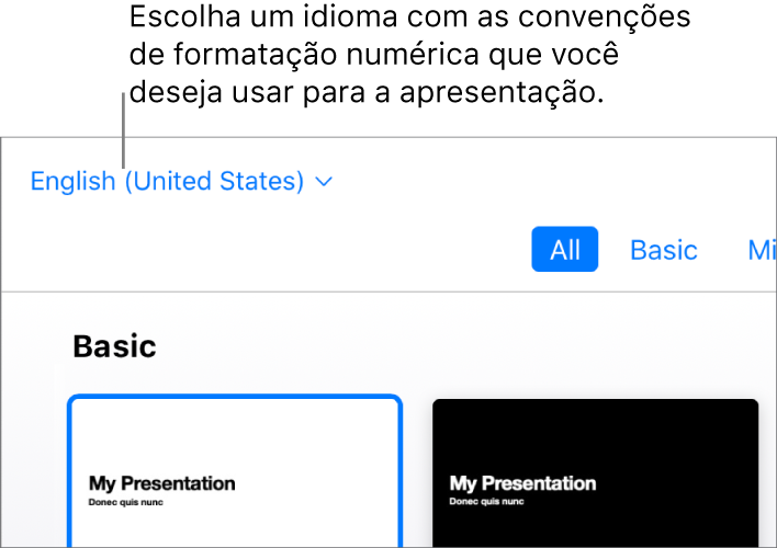 O menu pop-up no canto superior esquerdo do seletor de temas com Inglês (Estados Unidos) selecionado.