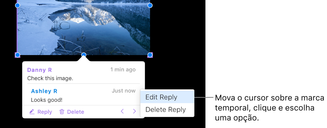 Um comentário com uma resposta e o cursor sobre a marcação de data e hora da resposta; um menu pop-up mostrando duas opções: Editar Resposta e Apagar Resposta.