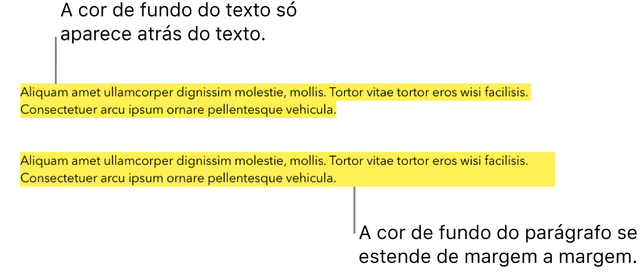 Um parágrafo com uma cor amarela atrás apenas do texto e um segundo parágrafo com um bloco de cor amarela atrás do parágrafo que se estende de margem a margem.