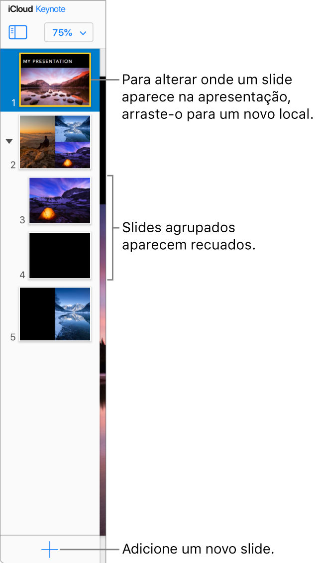 O navegador de slides do Keynote para iCloud está aberto na barra lateral esquerda, mostrando cinco slides na apresentação. Um botão para adicionar um novo slide está na parte inferior da barra lateral.