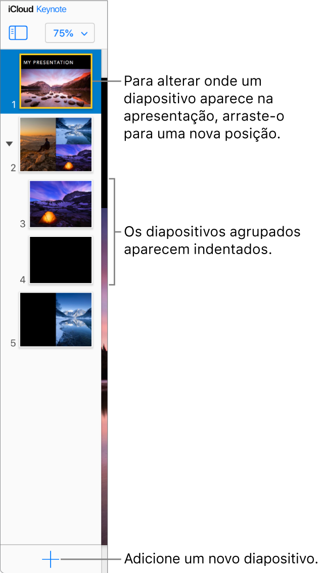 O navegador de diapositivos do Keynote para iCloud está aberto na barra lateral esquerda com cinco diapositivos visíveis na apresentação. Um botão para adicionar um novo diapositivo encontra-se na parte inferior da barra lateral.