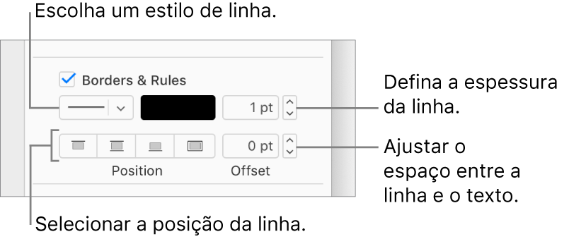 A opção Contornos e regras está assinalada na barra lateral Formato e os controlos para alternar o estilo, espessura, posição e cor da linha são apresentados por baixo da opção assinalável.
