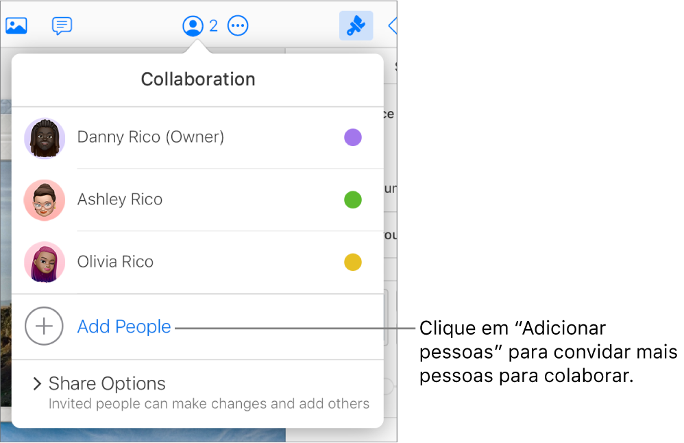O menu Colaboração abre-se, com a opção Adicionar pessoas sob a lista de participantes.