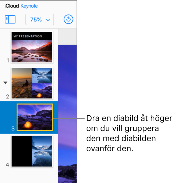 Diabildsnavigatorn i Keynote för iCloud med en diabild som dras åt höger