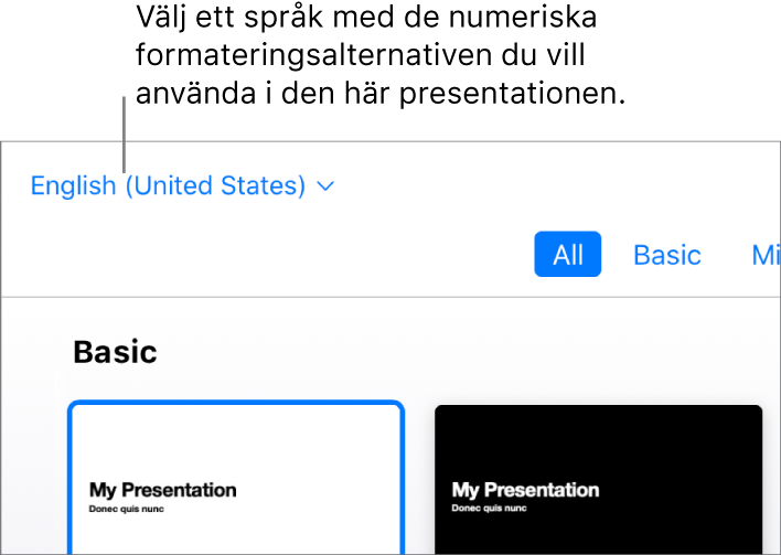 Popupmenyn längst upp till vänster i temaväljaren med engelska (USA) valt.