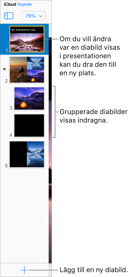 Keynote för iCloud-diabildsnavigatorn är öppen i det vänstra sidofältet och visar fem bilder i presentationen. En knapp för att lägga till en ny bild finns längst ner i sidofältet.