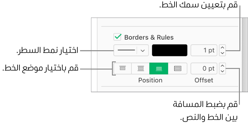 يتم تحديد خانة الاختيار "الحدود والمساطر" في الشريط الجانبي "التنسيق"، وتظهر عناصر التحكم لتغيير نمط الخط وسُمكه وموضعه ولونه أسفل خانة الاختيار.