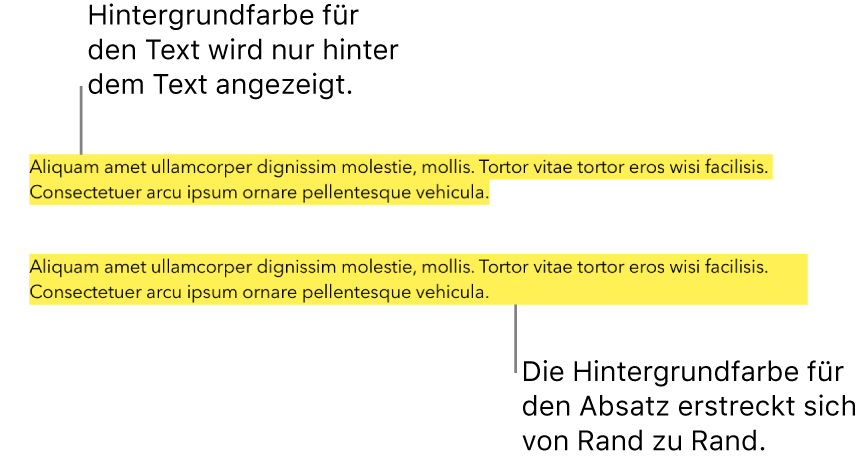 Ein Absatz mit einer gelben Farbe nur hinter dem Text und ein zweiter Absatz mit einem gelben Farbblock hinter dem Absatz, der sich von Rand zu Rand erstreckt.