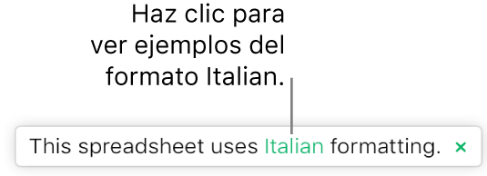 Mensaje que dice “Esta hoja de cálculo utiliza el formato italiano”.