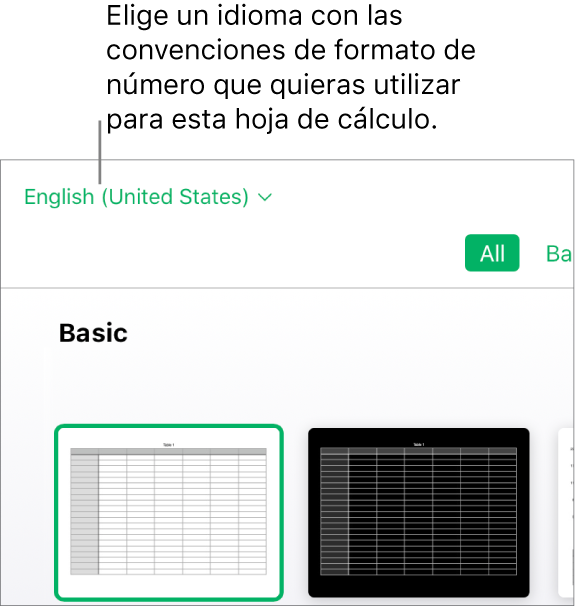 El menú desplegable de la esquina superior izquierda del selector de plantillas con la opción Inglés (Estados Unidos) seleccionada.