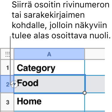 Taulukossa on valittuna rivinumero, jonka oikealla puolella näkyy alanuoli.