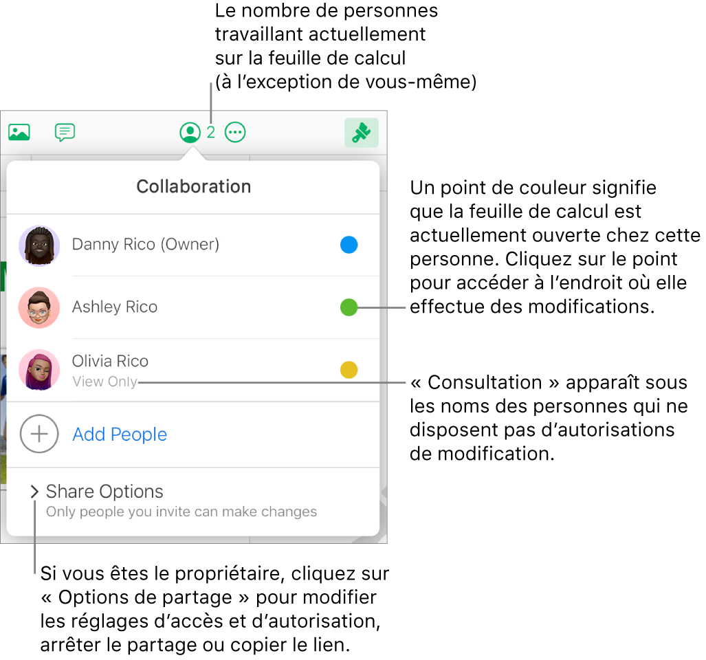 Le menu Collaboration est ouvert, avec une liste de trois participants (l’un d’eux ayant pour autorisation d’accès Consultation), une option « Ajouter des personnes » ainsi qu’une section « Options de partage » au sein de laquelle les propriétaires peuvent modifier les réglages d’accès et d’autorisation.