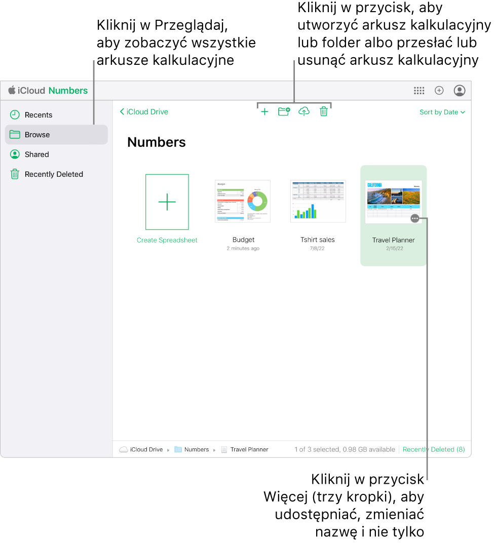 Menedżer arkuszy w widoku przeglądania. W prawym dolnym rogu wybranego arkusza kalkulacyjnego widoczny jest przycisk Więcej (trzy kropki). W środkowej części paska narzędzi wyświetlane są przyciski umożliwiające utworzenie nowego arkusza kalkulacyjnego lub folderu oraz przesłanie lub usunięcie arkusza kalkulacyjnego. W prawym górnym rogu znajdują się przyciski umożliwiające wysłanie opinii, przełączanie aplikacji iCloud, tworzenie nowych arkuszy kalkulacyjnych i zarządzanie ustawieniami konta.