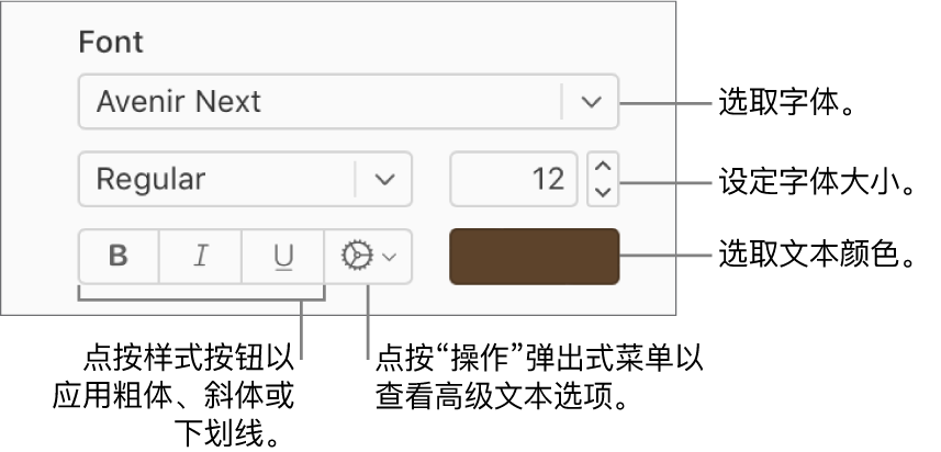 “格式”边栏中的字体和文本样式控制项。