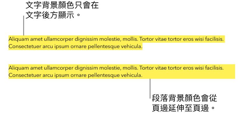 第一段僅文字後方有黃色區塊，第二段落後方的黃色區塊則從頁邊的一端延伸到另一端。