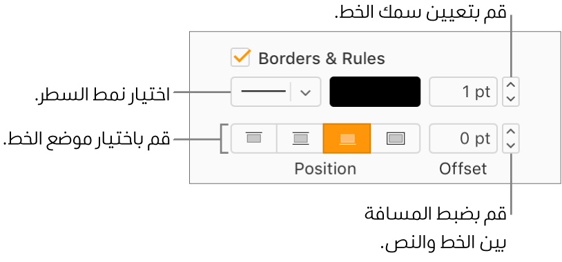 يتم تحديد خانة الاختيار "الحدود والمساطر" في الشريط الجانبي "التنسيق"، وتظهر عناصر التحكم لتغيير نمط الخط وسُمكه وموضعه ولونه أسفل خانة الاختيار.
