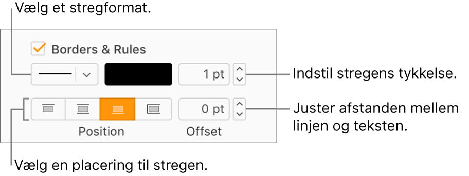 Afkrydsningsfeltet Rammer & streger er valgt i indholdsoversigten Format, og funktioner til ændring af stregtype, stregtykkelse, position og stregens farve vises under afkrydsningsfeltet.