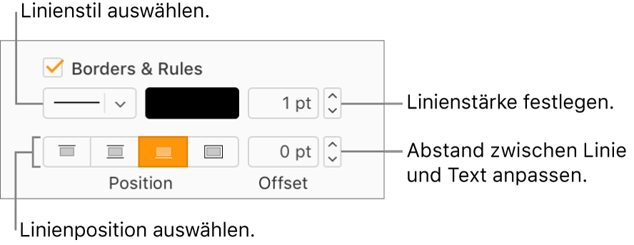 Das Markierungsfeld „Rahmen & Linien“ ist in der Seitenleiste „Format“ aktiviert, und unter dem Markierungsfeld erscheinen Steuerelemente zum Ändern der Linienart, -stärke, -position und -farbe.