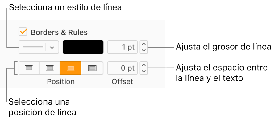La casilla de verificación “Bordes y reglas” está seleccionada en la barra lateral Formato, y debajo de la casilla de verificación aparecen controles para cambiar el estilo, el grosor, la posición y el color de la línea.