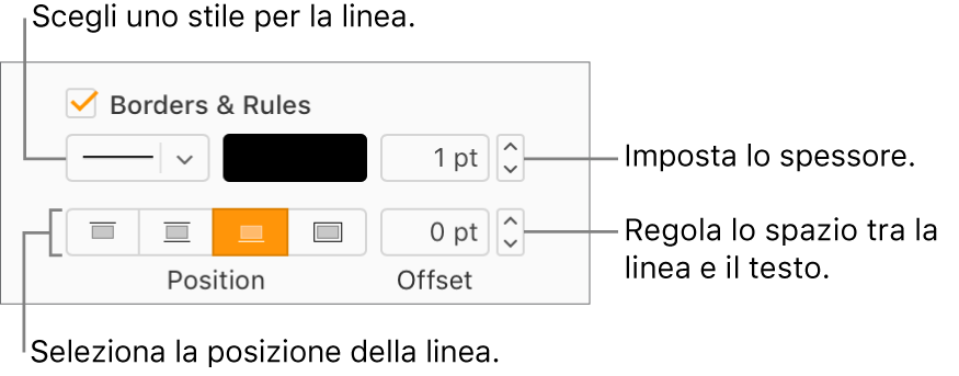 Il riquadro Bordi e linee è selezionato nella barra laterale Formato, e i controlli per modificare lo stile, lo spessore, la posizione e il colore della linea appaiono sotto alla casella.