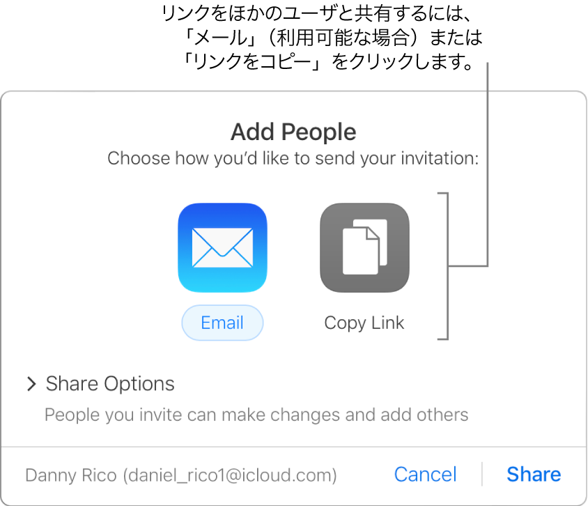 ツールバーで（書類が共有される前に）「共同制作」ボタンをクリックしたときに表示されるウィンドウ。「メールを送信」ボタンと「リンクをコピー」ボタンによって、書類を共有する方法を選択できます。