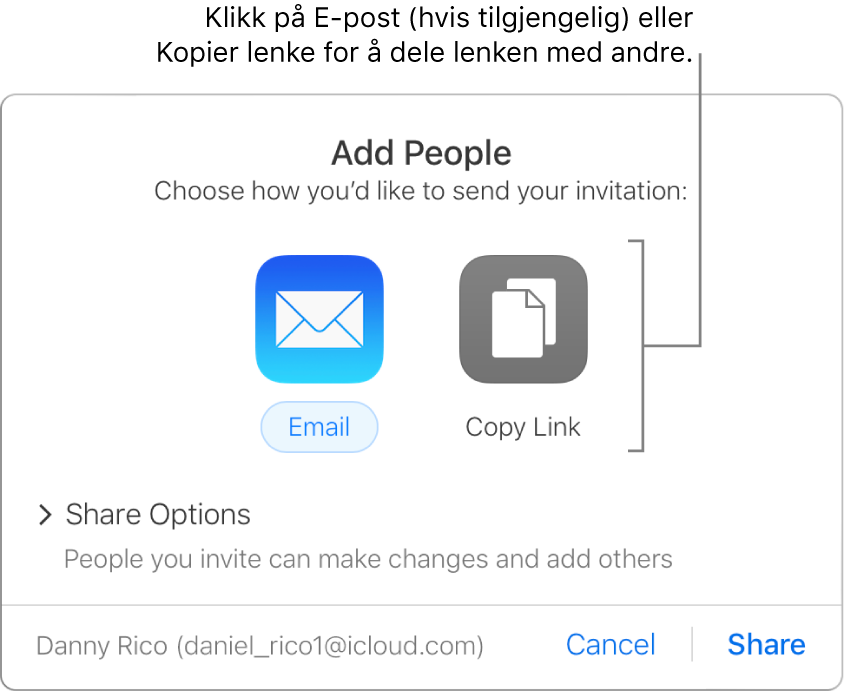 Vinduet som vises når du klikker på Samarbeid-knappen på verktøylinjen (før et dokument deles). Du kan bruke E-post- og Kopier lenke-knappene for å velge hvordan du vil dele dokumentet.