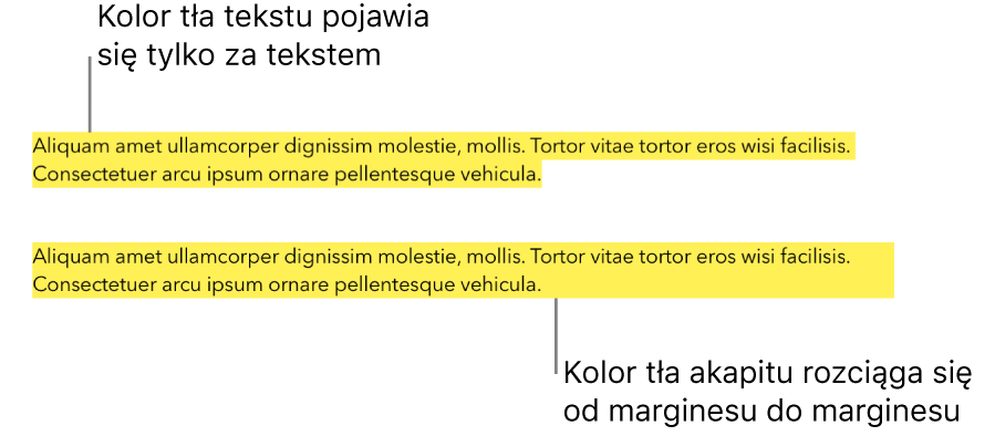 Jeden akapit z żółtym kolorem tylko za tekstem i drugi akapit z żółtym blokiem koloru za akapitem, rozciągającym się od marginesu do marginesu.