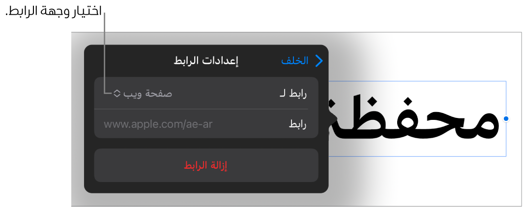 عناصر التحكم في إعدادات الرابط حيث يوجد الخيار صفحة الويب محددًا ويظهر زر إزالة الرابط في الأسفل.