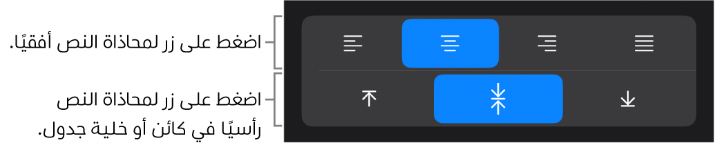 أزرار المحاذاة أفقيًا أو رأسيًا للنص.