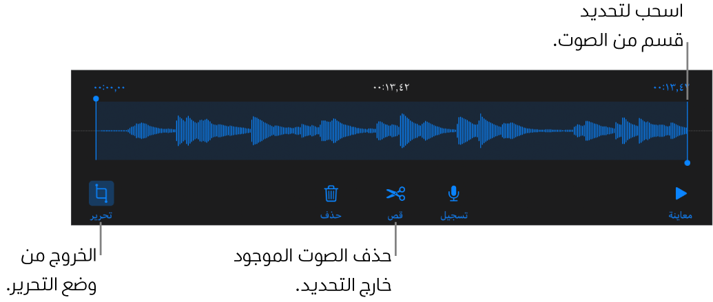 أدوات التحكم لتحرير الملف الصوتي المسجَّل. يوضح المؤشران القسم المحدد من التسجيل، وتوجد بالأسفل أزرار معاينة وتسجيل وقص وحذف ووضع التحرير.