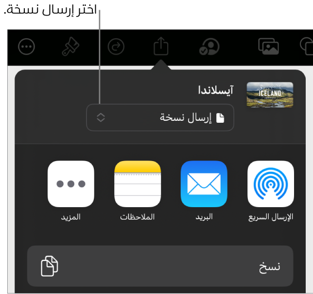 القائمة مشاركة حيث يظهر بها الخيار إرسال نسخة محددًا في الجزء العلوي.