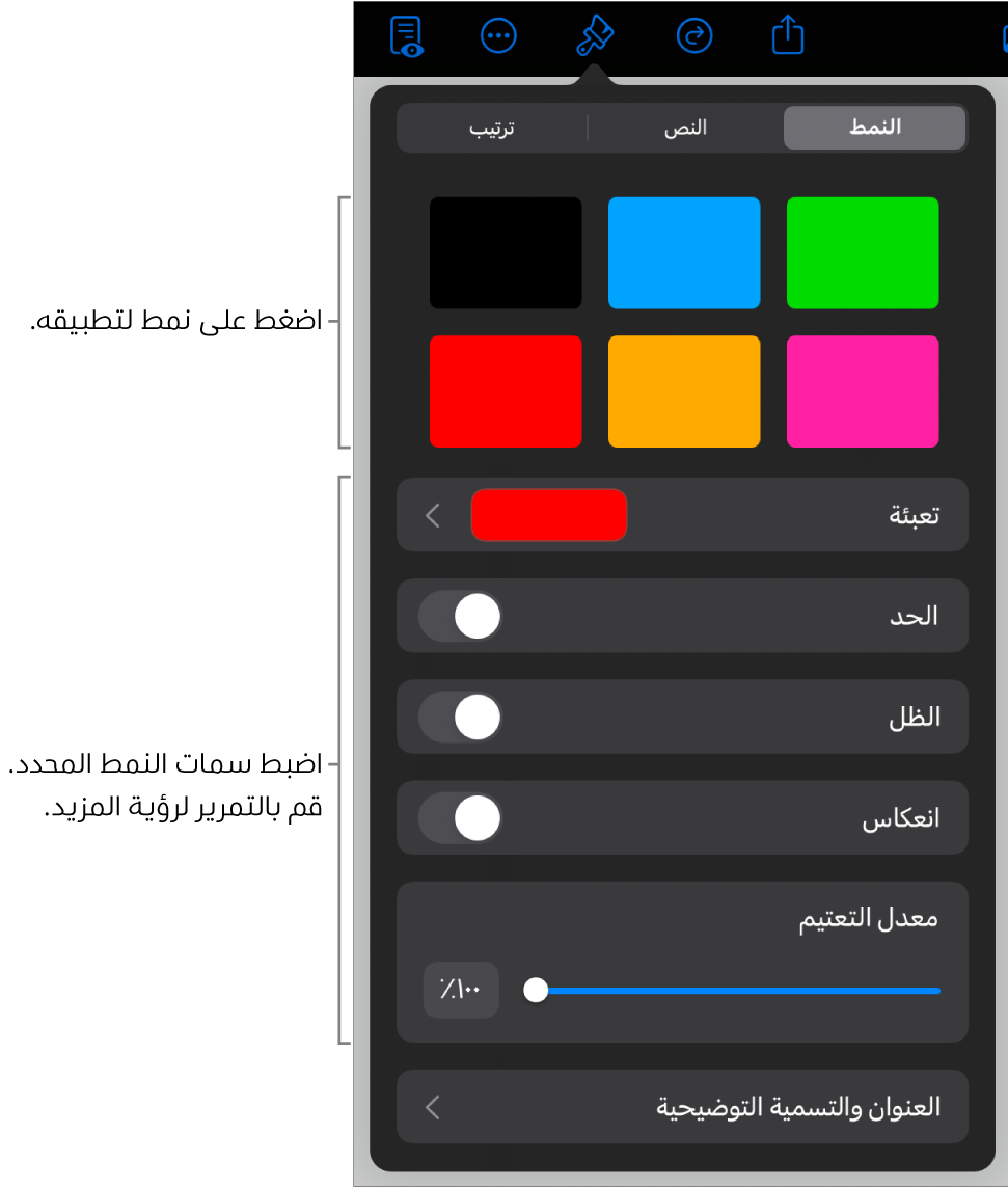 علامة تبويب النمط من قائمة التنسيق مع أنماط الكائنات في الجزء العلوي وعناصر التحكم أدناها لتغيير الحدود والظل والانعكاس والتعتيم.