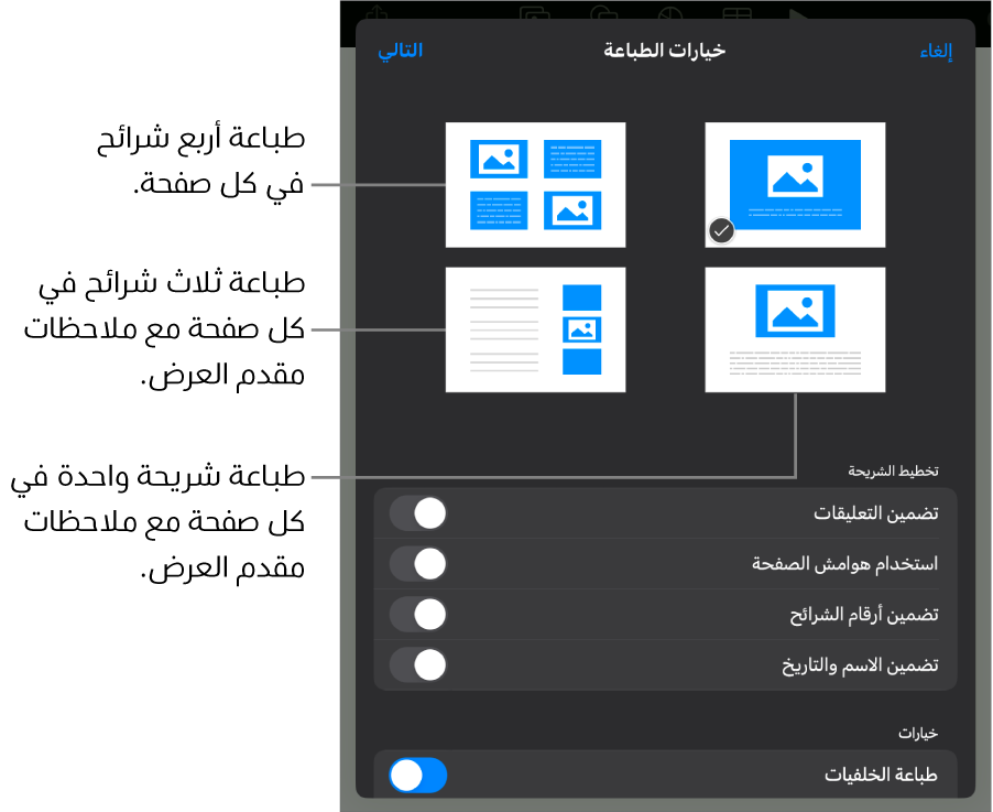 طباعة خيارات التخطيط.