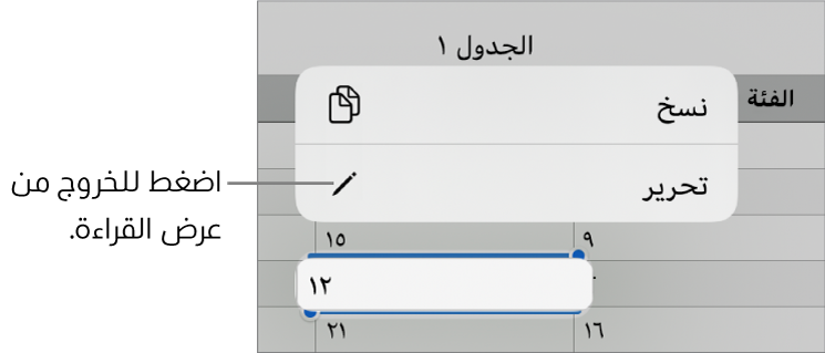 خلية جدول محددة، وتوجد فوقها قائمة تحتوي على الزرين نسخ وتحرير.