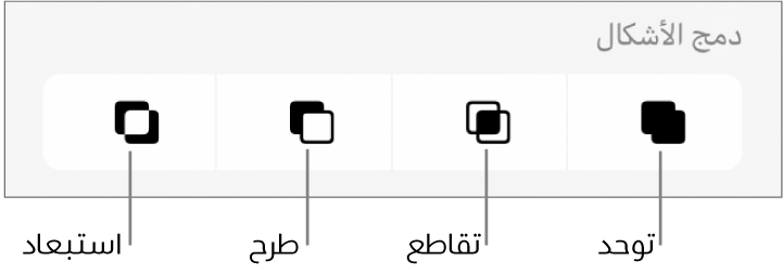 الأزرار توحد، وتقاطع، وطرح، واستبعاد أسفل دمج الأشكال.