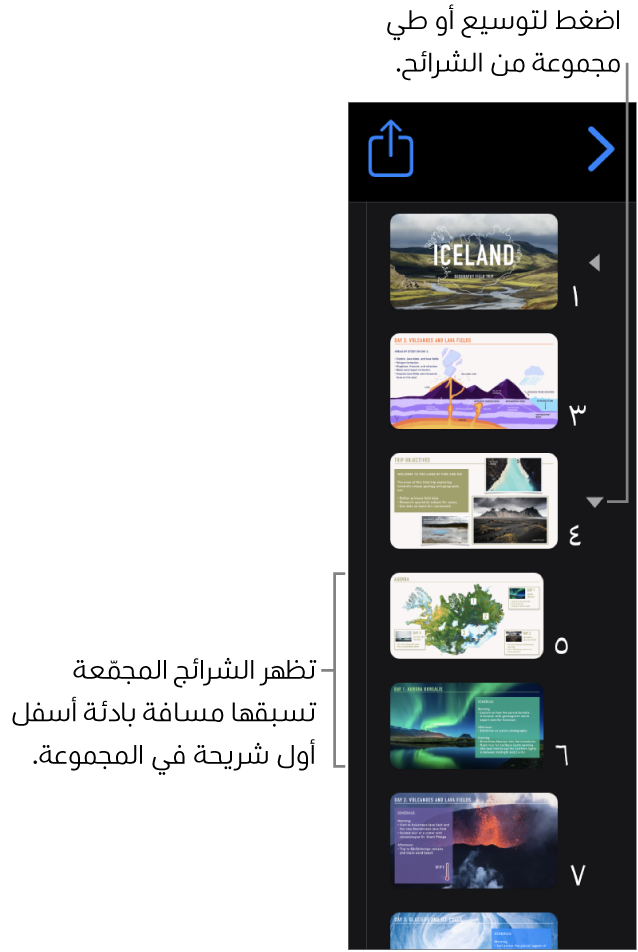 متصفح الشرائح يعرض شرائح مُزاحة.