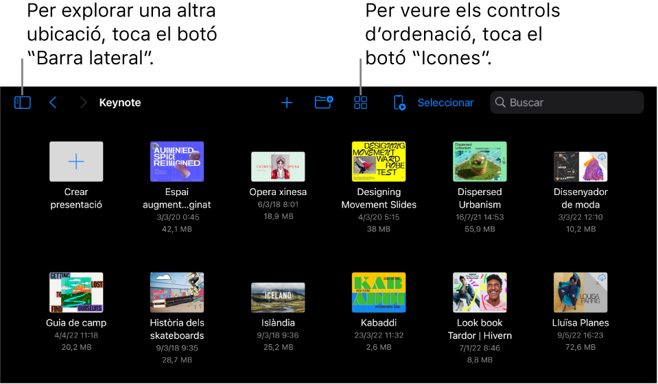 Vista d’exploració del gestor de presentacions amb el botó “Barra lateral” a l’angle superior esquerre. A la part superior dreta, hi el els botons “Afegir”, “Nova carpeta” i “Icones” (per poder ordenar per nom, data, mida o etiqueta) i els botons “Seleccionar” i “Buscar”. A sota hi ha miniatures de presentacions existents.