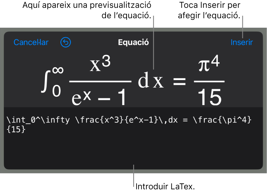 El quadre de diàleg Equació amb una equació escrita amb ordres LaTeX i una previsualització de la fórmula al damunt.