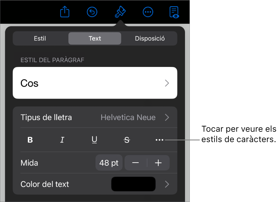 Els controls de Format amb estils de paràgraf a la part superior i, després, els controls de “Tipus de lletra”. A sota de “Tipus de lletra” hi ha els botons Negreta, Cursiva, Subratllat, Ratllat i “Més opcions de text”.