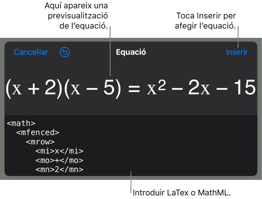 El quadre de diàleg Equació amb una equació escrita amb les ordres MathML i una previsualització de la fórmula al damunt.