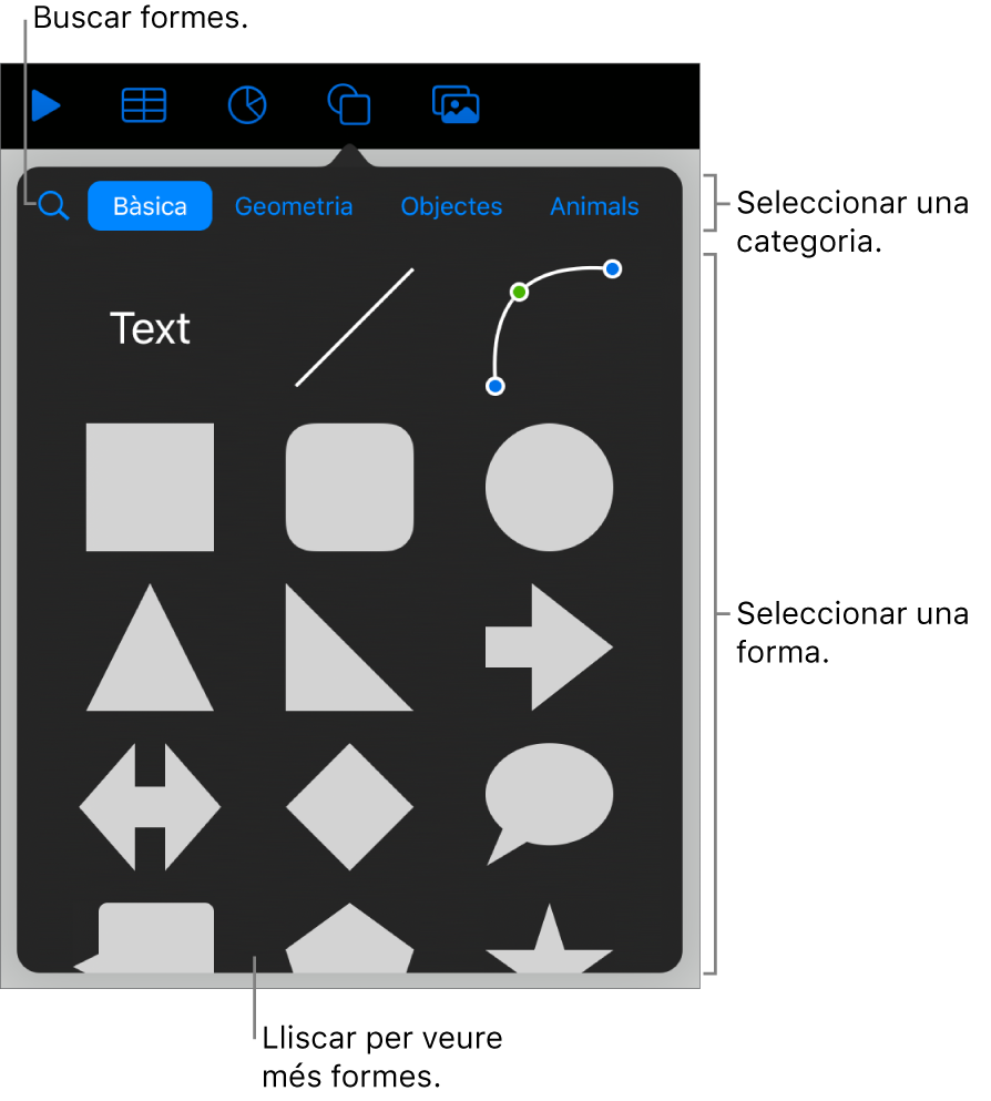 La biblioteca de formes, amb categories a la part superior i les formes a sota. Pots utilitzar el camp de cerca situat a la part superior per trobar formes i passar el dit per veure’n més.