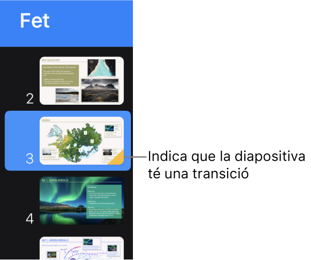 Un triangle groc en una diapositiva indica que aquesta té una transició.