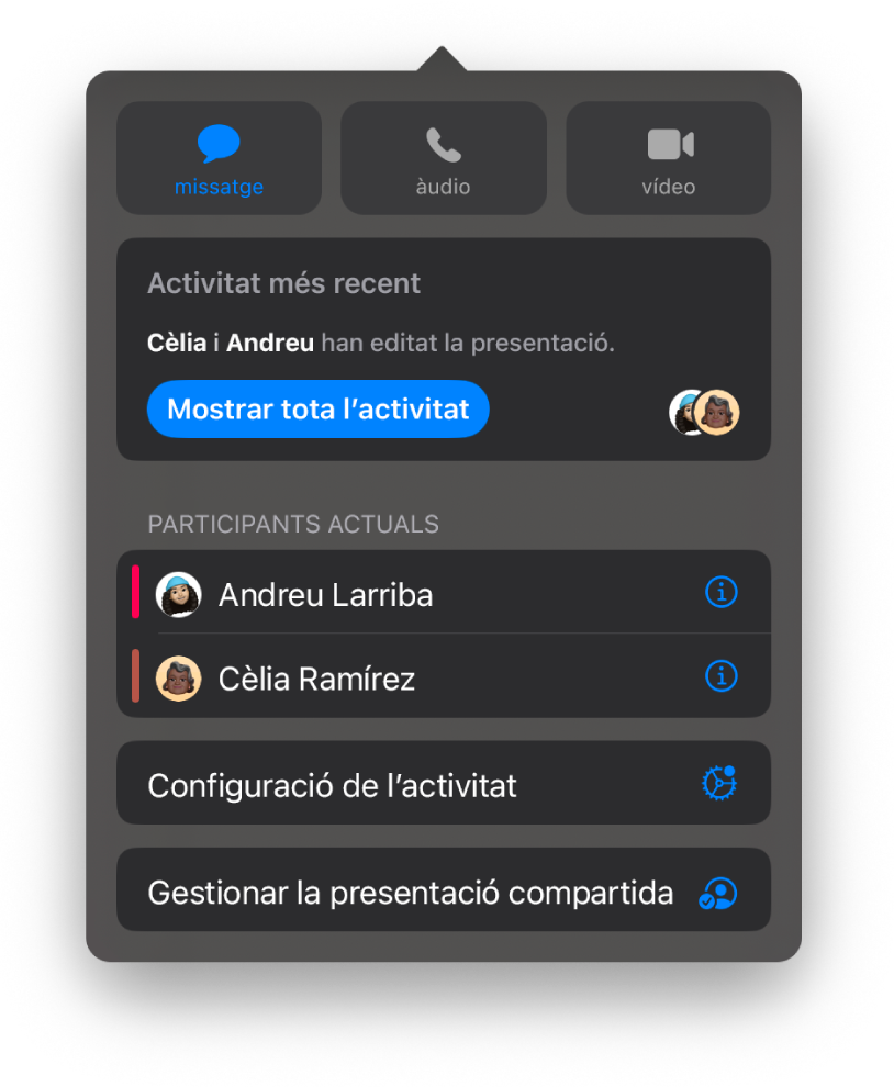 El menú “Col·laboració”, en què es mostren els noms de les persones que col·laboren en la presentació.